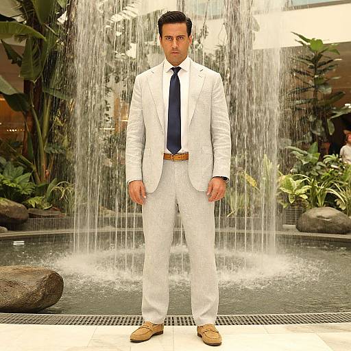 Photograph of a handsome man in a white suit, navy tie, and tan shoes, standing confidently in front of a waterfall, surrounded by lush green
