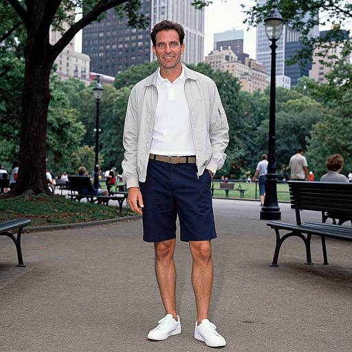 Photograph of a smiling man in a white shirt, light jacket, black shorts, and white sneakers, standing in a busy urban park. Tall buildings