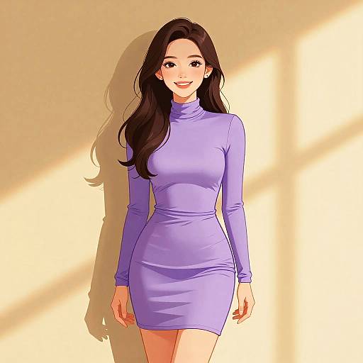 Digital anime-style drawing of a smiling woman with long black hair, wearing a tight, long-sleeve, lavender mini dress, standing against a sun