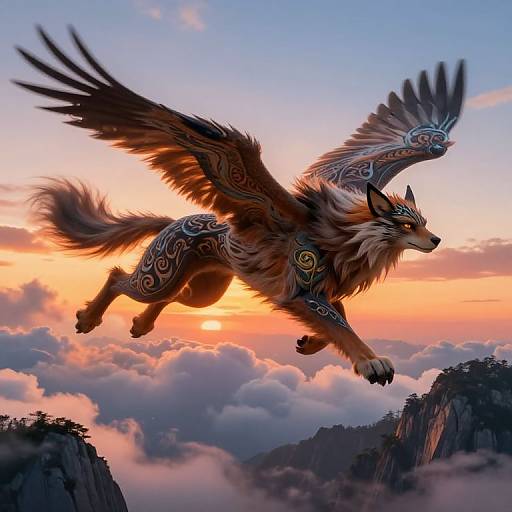 Digital artwork of a majestic, winged wolf with intricate, tribal tattoos soaring through a vibrant, orange and pink sunset sky, over misty mountains.