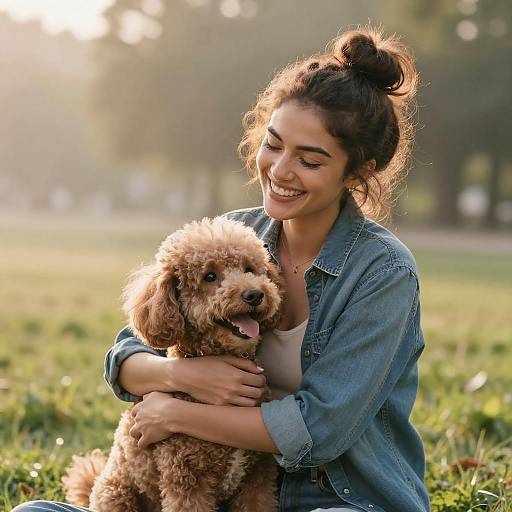 Woman Hugging Poodle in Park