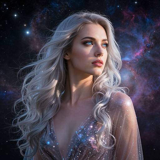 Digital artwork of a beautiful, fair-skinned woman with long, wavy, silver hair, wearing a shimmering, deep V-neck gown, against