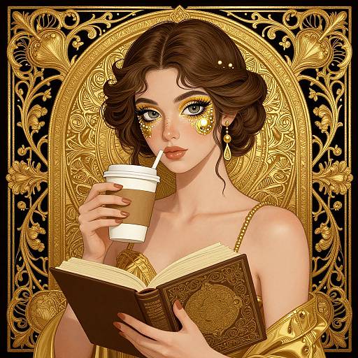 Digital art: Beautiful woman with golden face paint, curly brown hair, holding coffee and book, ornate gold background, vintage style.