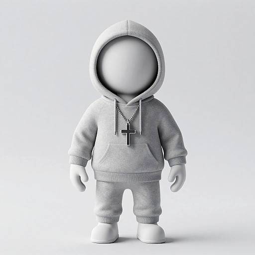 3D Character in Gray Hoodie with Cross Necklace