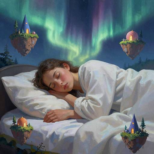 Digital painting of a sleeping woman in white bed, surrounded by floating fairy-tale castles with glowing lights, under vibrant aurora borealis.