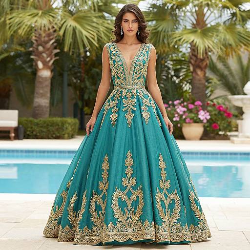 Elegant Teal Ball Gown by Poolside