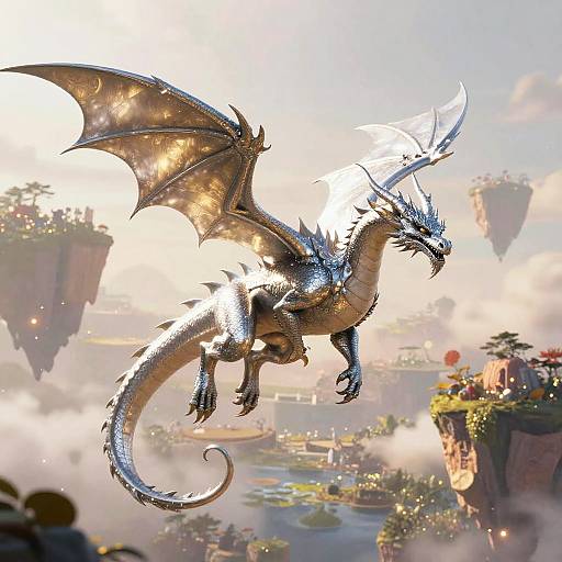 Sleek Silver Dragon Over Floating Islands