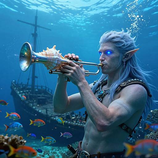 Male Sea Elf Playing Conch Trumpet