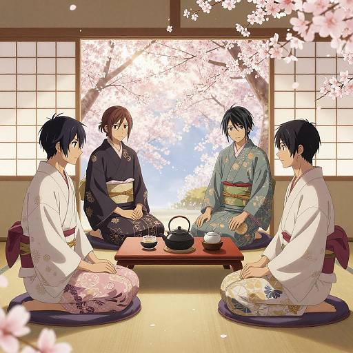 Four men in traditional Japanese kimonos sit on tatami mats in a cherry blossom room, sipping tea from a black teapot.