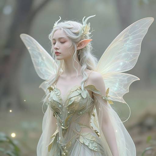 Photograph of a fair-skinned, ethereal fairy with long white hair, pointed ears, translucent wings, and a leafy gold dress in a