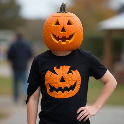 Photograph of a person wearing a carved orange pumpkin head with triangular eyes and a smiling mouth, black shirt with orange pumpkin design, hand on hip,