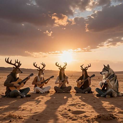 Photograph of five anthropomorphic deer and a wolf sitting in a desert at sunset, playing guitars; dramatic sky with clouds.
