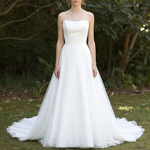 Photograph of a slender woman in a strapless white wedding gown with a full tulle skirt, standing on grass against a dark, leafy background