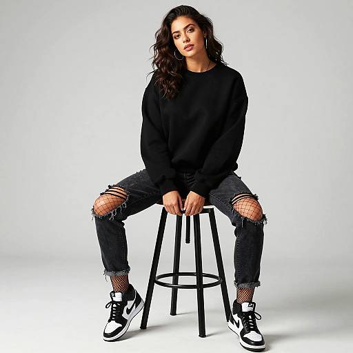 Confident Woman in Urban Streetwear Sitting on Stool