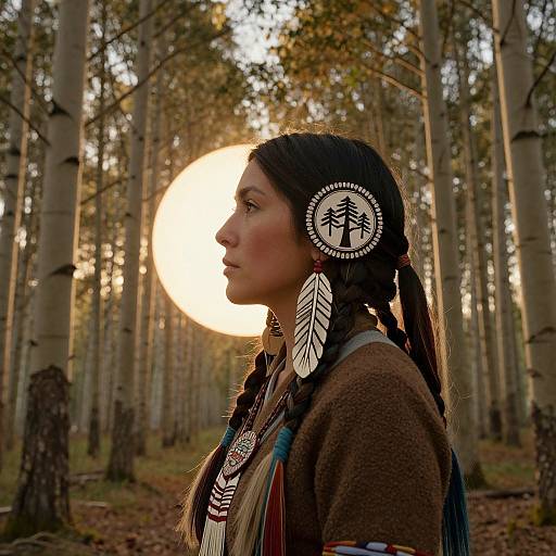 Photograph of Native American woman with braids, feather earrings, and traditional brown jacket, standing in sunlit birch forest at sunset.