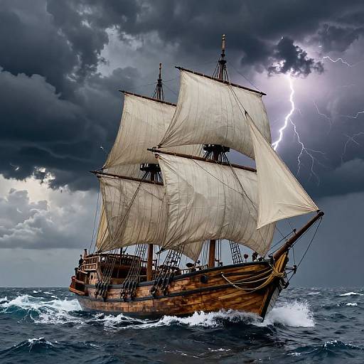 Photorealistic digital artwork of a wooden sailing ship with billowing white sails, navigating stormy seas under a dark, lightning-filled sky.