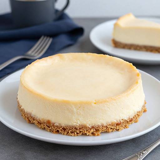 Photograph of a creamy cheesecake with a golden-brown crumb crust, on a white plate, beside a black cup and fork.