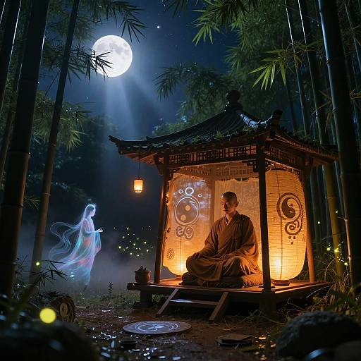 Meditative Monk in Bamboo Forest at Night