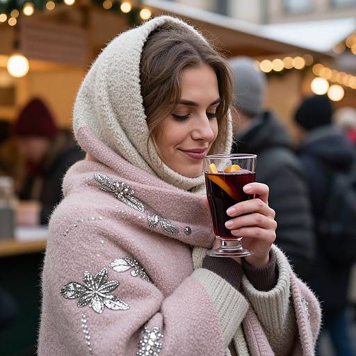 Woman Enjoying Warm Holiday Market