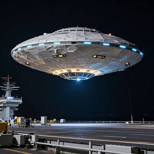 Photograph of a futuristic, white saucer-shaped UFO hovering above a dark naval ship deck at night, with blue and yellow lights glowing on the UFO