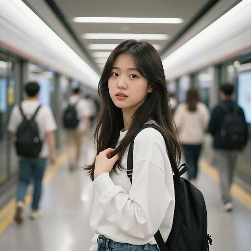 Photograph of an Asian woman with long black hair, wearing a white shirt and black backpack, standing in a brightly lit, blurred subway station with other