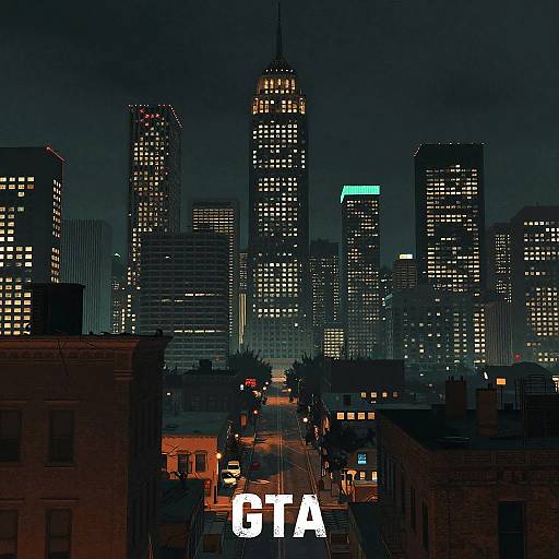 Digital art of a nighttime cityscape with illuminated skyscrapers, dark buildings, and a neon 