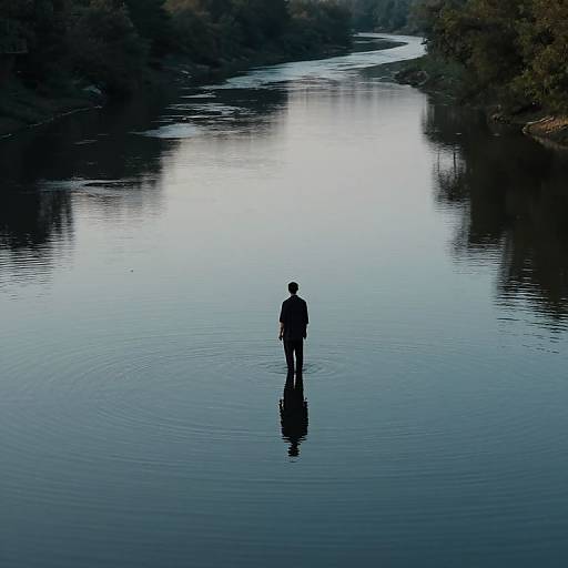 Silhouette of a person standing in a calm, reflective river with dark, forested banks under a dim, overcast sky.