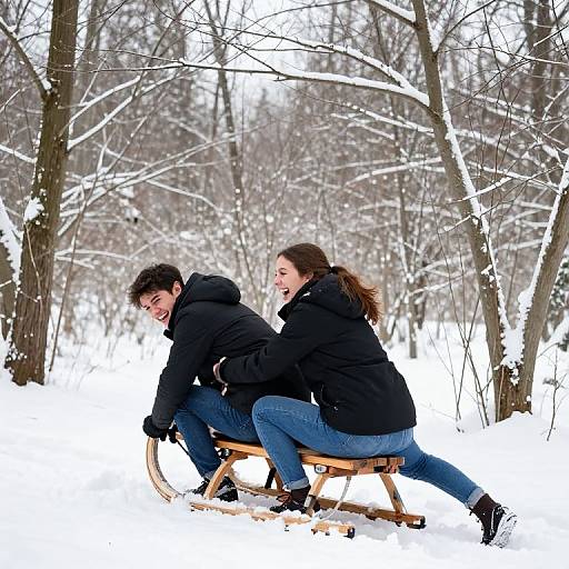 Photograph of a smiling couple in black winter coats and blue jeans, sitting on a wooden sled in a snowy forest.