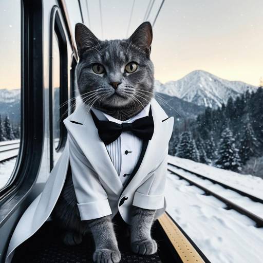 Elegant Cat on a Mountain Train Adventure