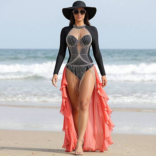 Photograph of a woman in a black mesh bodysuit with sparkling details, coral ruffled skirt, black wide-brimmed hat, and sunglasses