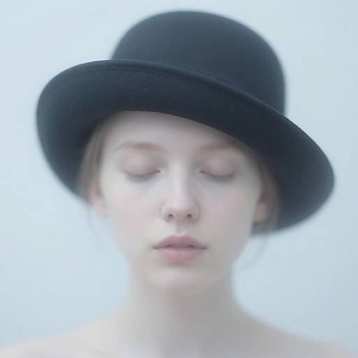 Photograph of a pale-skinned woman with closed eyes, wearing a black bowler hat, against a bright white background. Soft, ethereal lighting
