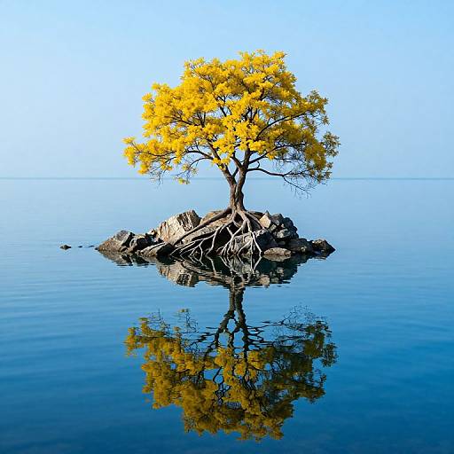 Photograph of a solitary, bright yellow-leaved tree with exposed roots, floating on calm, reflective blue water against a clear sky.