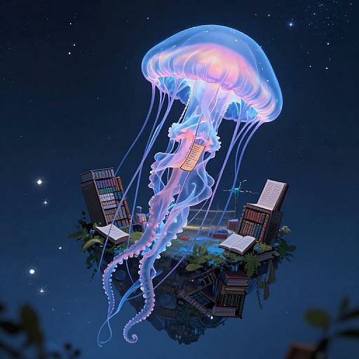 Digital artwork: Bioluminescent jellyfish with glowing blue and purple hues floats above a floating island with book-filled buildings and foliage under a starry