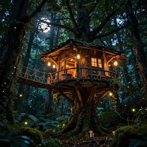 Photograph of a glowing, wooden treehouse with warm lights nestled in a dense, moonlit forest, surrounded by twinkling fireflies and small mushrooms