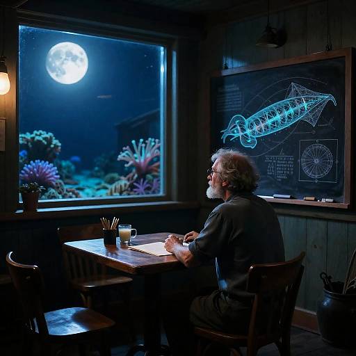 Photograph of an older man with gray beard, sitting in dimly lit café, gazing at full moon through window, illuminated chalkboard with blue