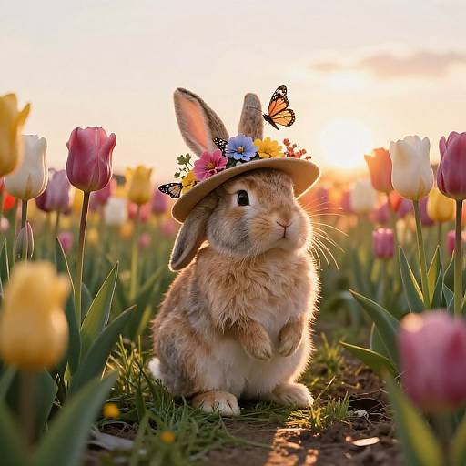 Photograph of a cute, fluffy brown rabbit wearing a flower crown and sun hat, with a butterfly on its head, sitting in a vibrant field of