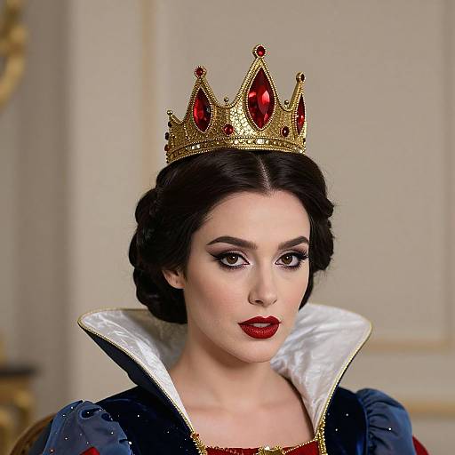 Photograph of a fair-skinned woman with dark hair in an elaborate updo, wearing a gold crown with red gems, red lipstick, and a