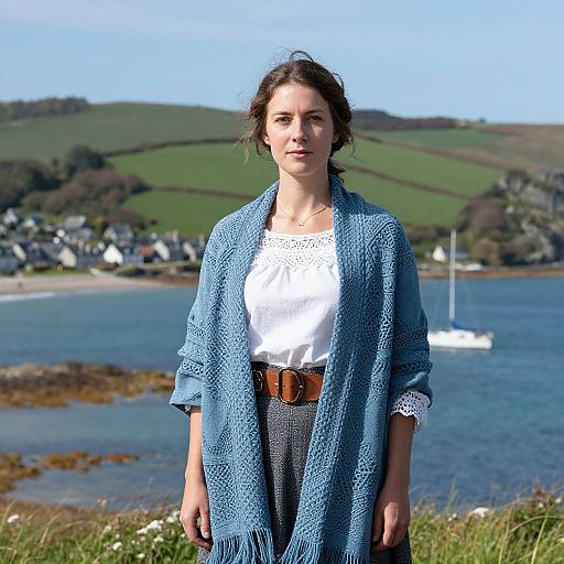 Photograph of a young woman with light skin and brown hair, wearing a blue crochet shawl, white lace shirt, and gray pants, standing on