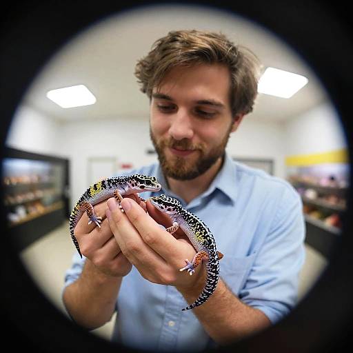Young Man Holding Spotted Geckos