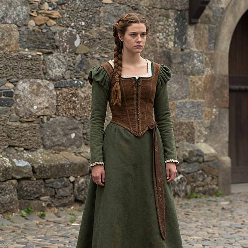 Young Woman in Medieval Dress by Stone Wall