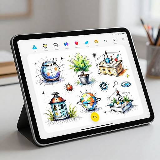 Photograph of a tablet displaying colorful, whimsical digital illustrations of plants, globes, lanterns, and toys, standing on a white desk.