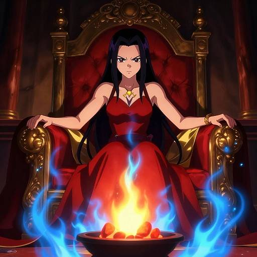 Digital anime-style artwork of a stern woman with long black hair, wearing a red dress, sitting on a golden throne with a blazing fire and blue flames