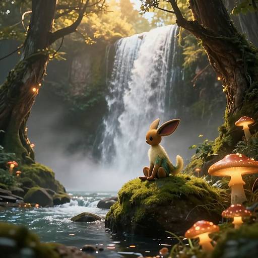 Fantasy forest scene with a cute, brown and cream Eevee-like creature sitting on mossy rocks beside glowing mushrooms, under a glowing waterfall.