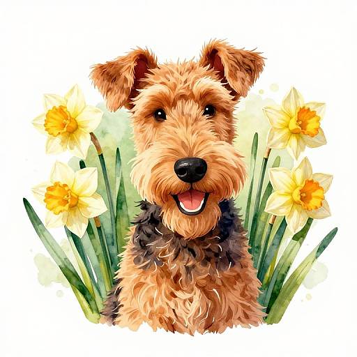 Digital illustration of a happy, fluffy brown terrier dog with a black snout, surrounded by vibrant yellow daffodils.