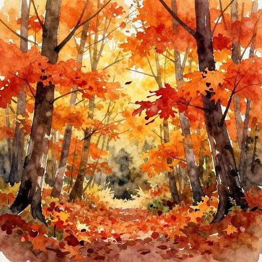 Watercolor painting of a vibrant autumn forest with tall trees, bright orange and red leaves, and a sunlit, leaf-strewn path.