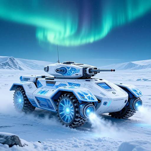 Photorealistic CGI of a futuristic, white, glowing-blue armored tank driving through snowy terrain under vibrant green aurora borealis.