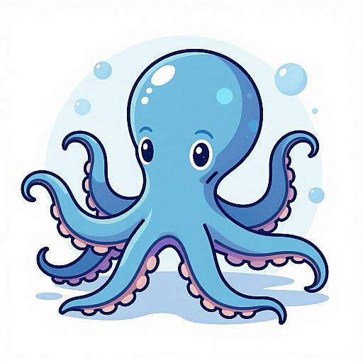 Cute digital cartoon of a blue octopus with large black eyes, pink suction cups, and bubbles, set against a white background.