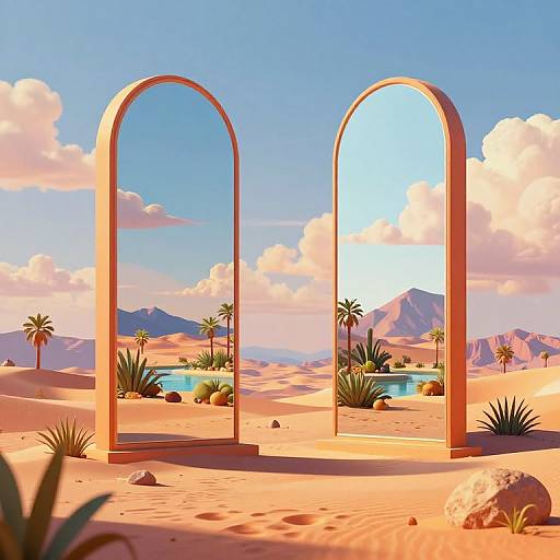 Digital illustration of a desert landscape with two tall, golden arches framing palm trees, a blue lake, and distant mountains under a bright blue sky with