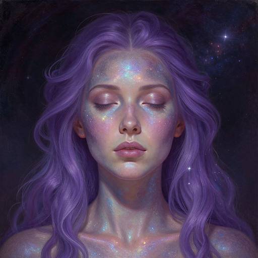 Digital painting of a serene, ethereal woman with long, wavy purple hair, glowing skin, and starry eyes against a dark, cosmic background