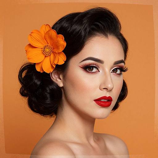 Photograph of a fair-skinned woman with dark, wavy hair adorned with an orange flower, wearing bold red lipstick and dramatic eye makeup, against